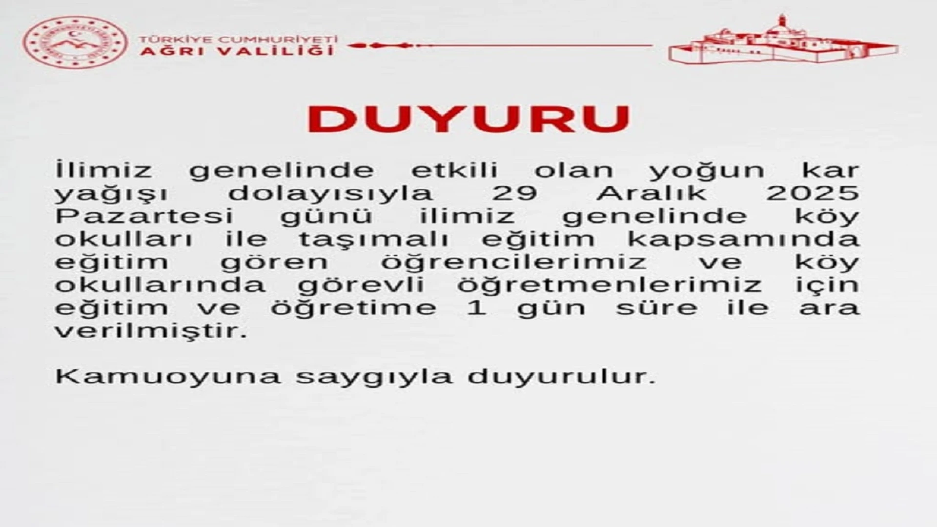 Ağrı’da Yoğun Kar Nedeniyle Köy Okulları ve Taşımalı Eğitime 1 Gün Ara